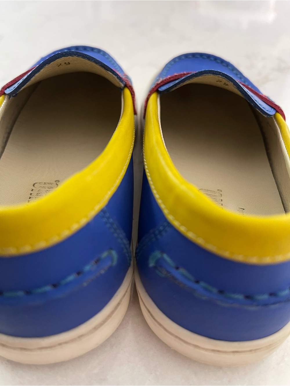 MOSCHINO KIDS Blue, Red & Yellow Leather Penny Loafers - EUC - EU29/US11.5 KIDS - Picture 3 of 12